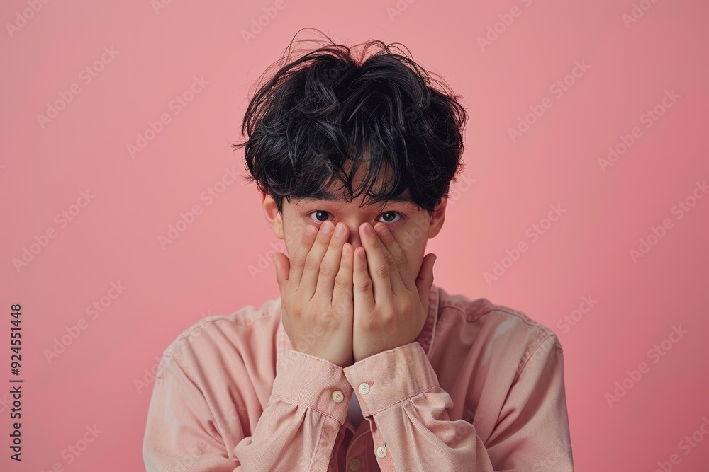 A man with messy hair is looking away from the camera. He is wearing a pink shirt and has his hands covering his face. Concept of discomfort or unease A man with messy hair is looking away from the camera. He is wearing a pink shirt and has his hands covering his face. Concept of discomfort or unease