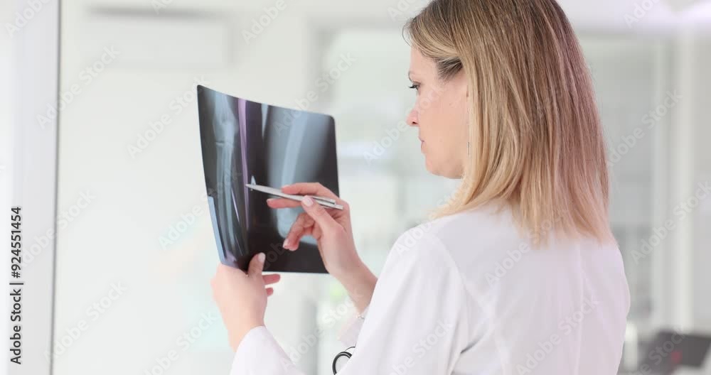 Doctor examines x-ray of hand in hospital room Doctor examines x-ray of hand in hospital room