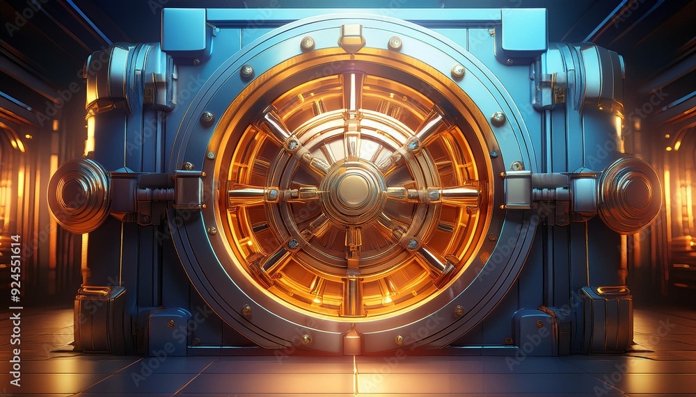 Bank vault door opening to reveal glowing assets, symbolizing financial security strong gold color Bank vault door opening to reveal glowing assets, symbolizing financial security strong gold color