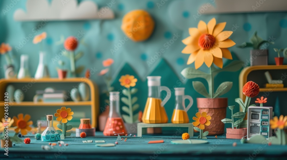 A papercut-style classroom featuring paper cutout science experiments and educational tools. A papercut-style classroom featuring paper cutout science experiments and educational tools.