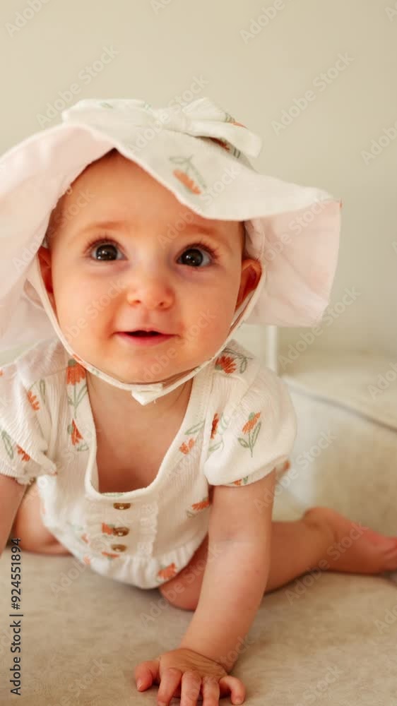 A cute baby girl in a summer outfit and sun hat is crawling on the couch towards the camera. The baby is learning to crawl. A cute baby girl in a summer outfit and sun hat is crawling on the couch towards the camera. The baby is learning to crawl.
