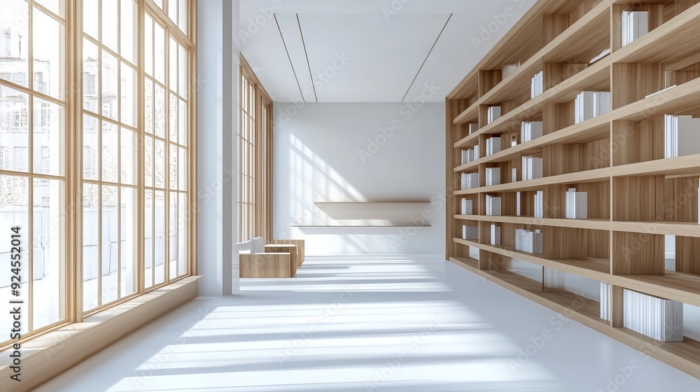 A minimalist modern office with wooden shelves, white walls, and large windows. A bright and open workspace, 3D rendering A minimalist modern office with wooden shelves, white walls, and large windows. A bright and open workspace, 3D rendering