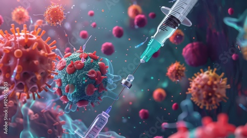 Artistic depiction of a vaccine administration, showing the process of injecting and its role in providing immune protection