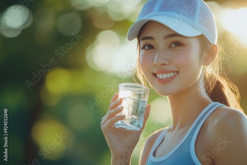 Woman with cap enjoying a glass of water outdoors