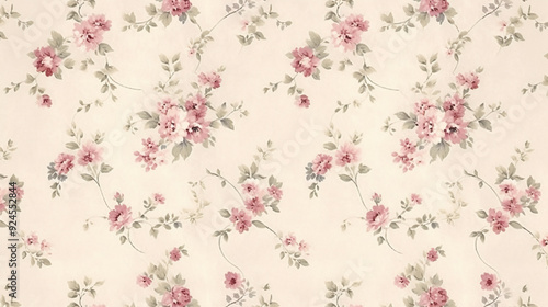 Shabby chic small floral pattern on a cream background, with muted pink and gray colors, small flowers, and a vintage wallpaper design for digital paper. 