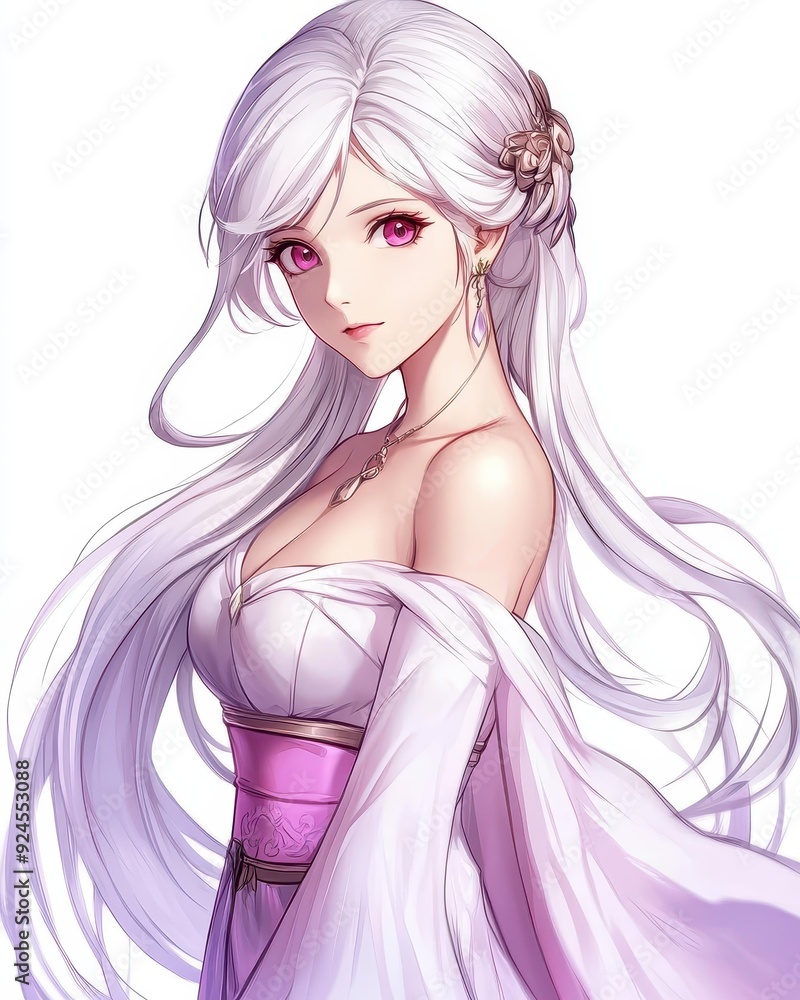 Meet a captivating character with long white hair and pink eyes, a unique figure in an enchanting fantasy realm. Meet a captivating character with long white hair and pink eyes, a unique figure in an enchanting fantasy realm.