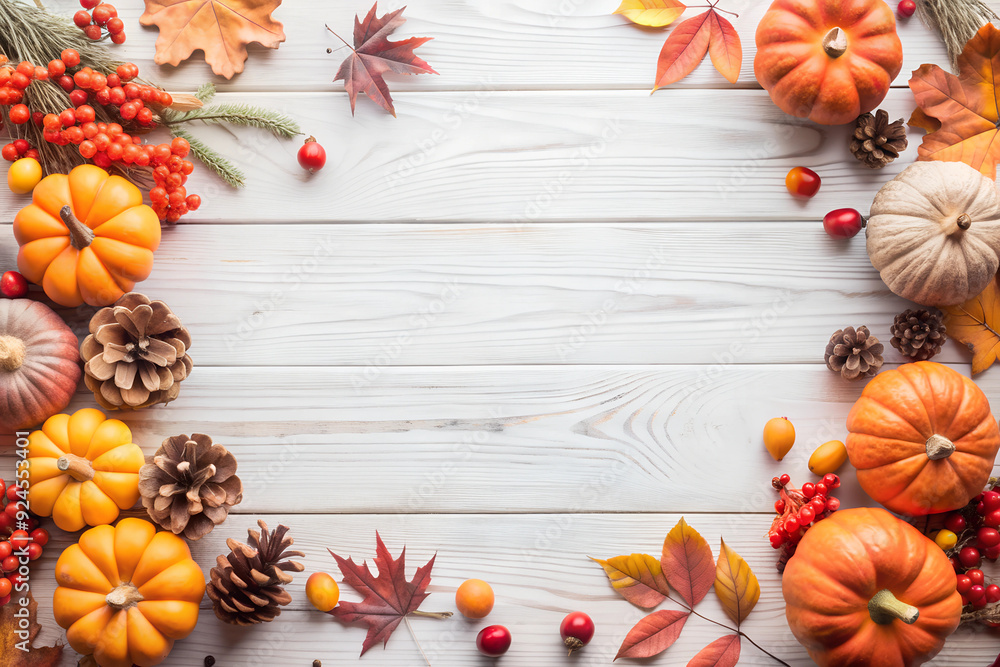 Rich light wood background, edged with fall leaves, pumpkins, berries, cones Rich light wood background, edged with fall leaves, pumpkins, berries, cones
