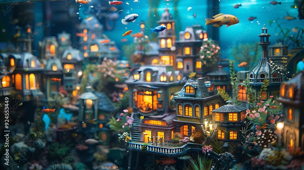 Obraz premium A captivating cityscape-themed aquarium with intricate miniature buildings, tiny streetlights, and sleek urban fish. The soft lighting creates a vibrant and dynamic underwater city atmosphere.