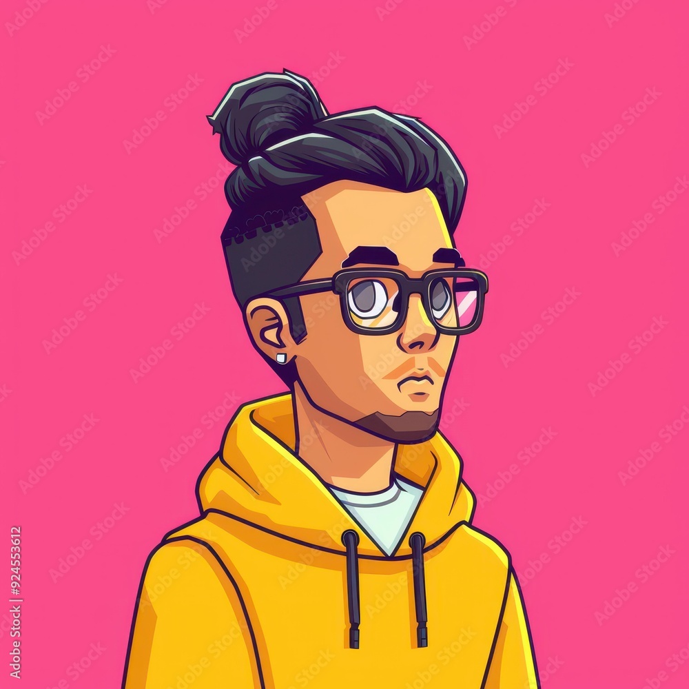 A charming Asian man in a yellow sweatshirt, with glasses and a bun, captured in vibrant bit pixel art style. A charming Asian man in a yellow sweatshirt, with glasses and a bun, captured in vibrant bit pixel art style.