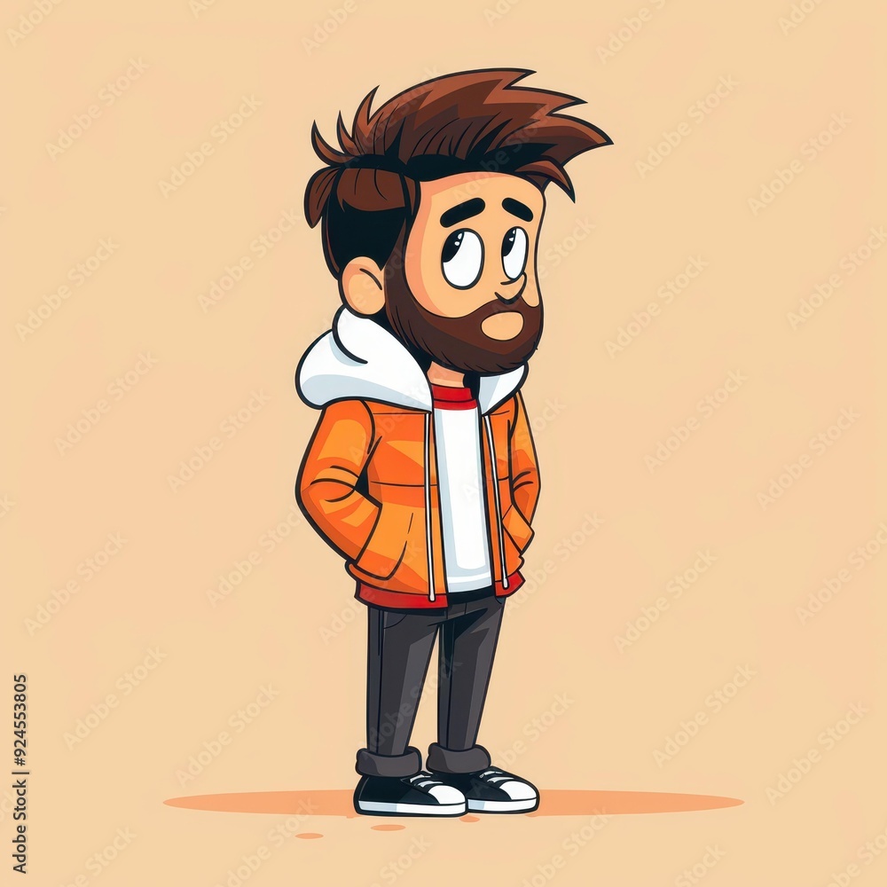A bold character man stands confidently, drawn in a unique style against a vibrant solid color backdrop. A bold character man stands confidently, drawn in a unique style against a vibrant solid color backdrop.