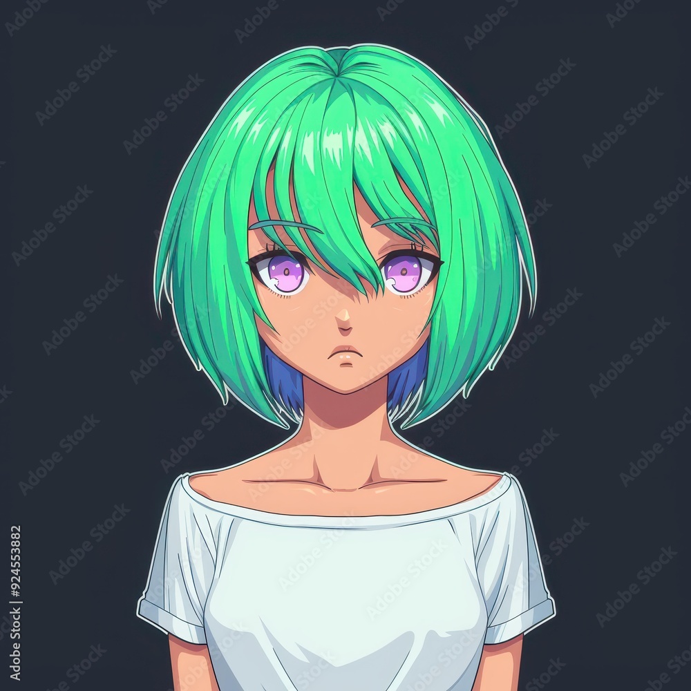A vibrant pixel art portrait of a sad girl with green hair, wearing a white dress, showcasing her purple eyes. A vibrant pixel art portrait of a sad girl with green hair, wearing a white dress, showcasing her purple eyes.