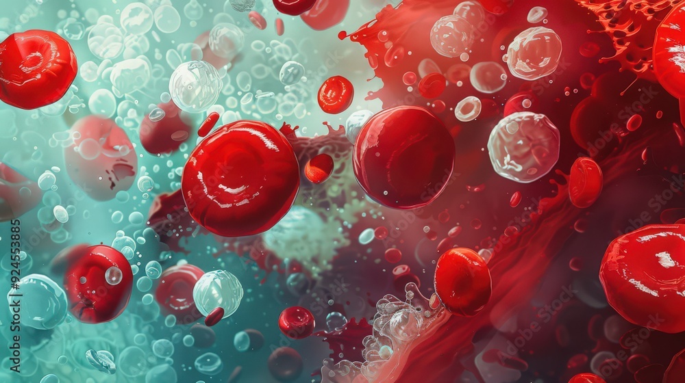 Artistic depiction of the blood, illustrating red and white blood cells ...