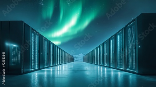 Server Farm under Aurora Borealis at Night