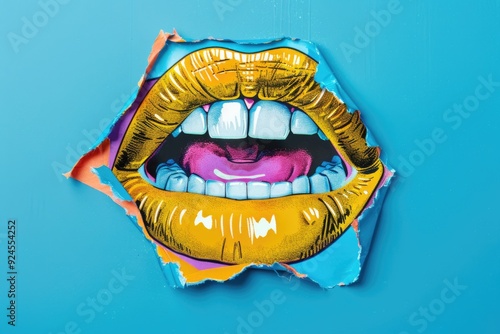 *Pop Art Illustration of Vibrant Lips Bursting Through Wall - Dynamic Design for Posters and Prints*