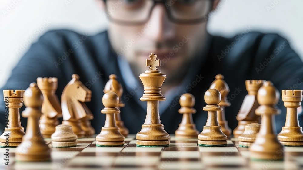 Person studying chessboard for next strategic move Person studying chessboard for next strategic move