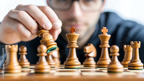 Hand moving chess piece on a wooden chessboard photo