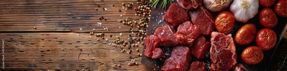 Selection of Assorted Fresh Cuts of Raw Meat with Tomatoes, Oranges, and Herbs on a Wooden Board