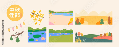 Moon Festival landscape set with trees, flowers, river and lanterns