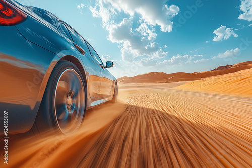 Lower right POV view of a car speeding along a desert highway with a motion blur effect