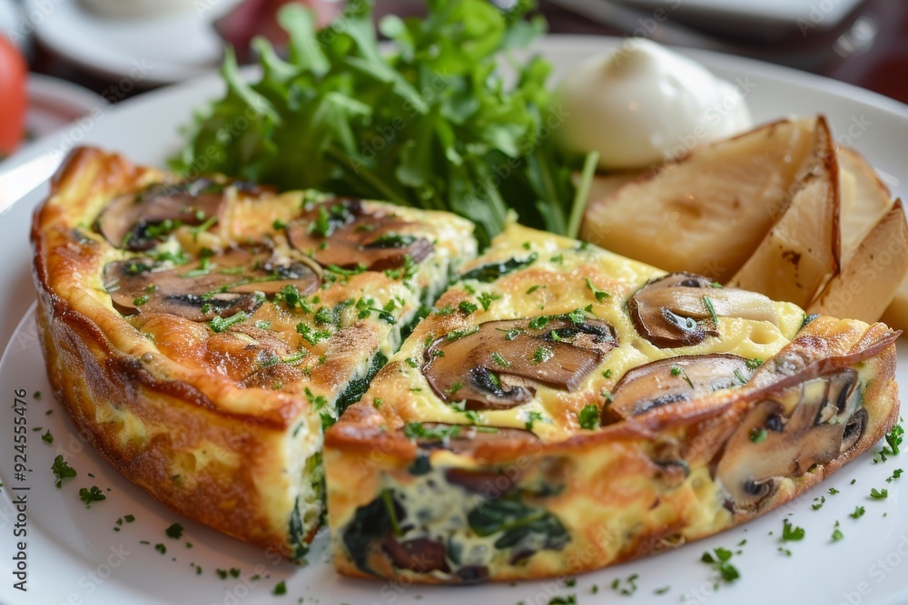 A delicious frittata with mushrooms, served with salad and roasted potatoes. A delicious frittata with mushrooms, served with salad and roasted potatoes.
