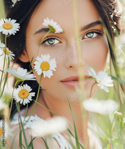 Young Woman With Daisies in a Field During Summer Afternoon