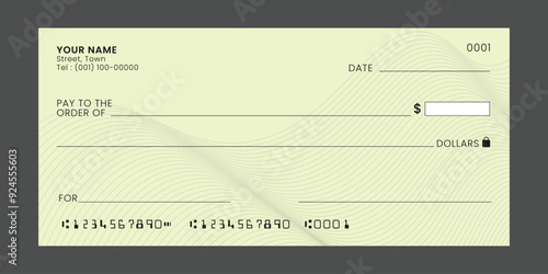 Blank bank check, checkbook cheque template or money payment paper voucher, vector mockup design.