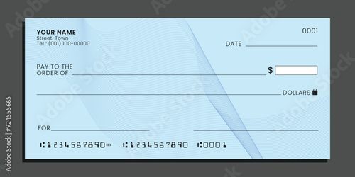 Blank bank check. Personal desk check template with empty field to fill. Checkbook cheque template. Vector.