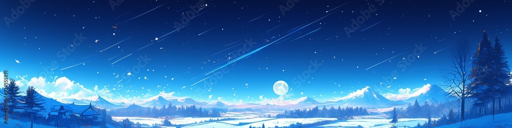 Fototapeta premium Enchanting Winter Wonderland: Anime-Style Magical Forest at Night with Moonlit Snow, Shooting Stars, and Dreamy Landscape. Perfect for Book Covers, Game Design, and Holiday Marketing. 2025 Seasonal Ar