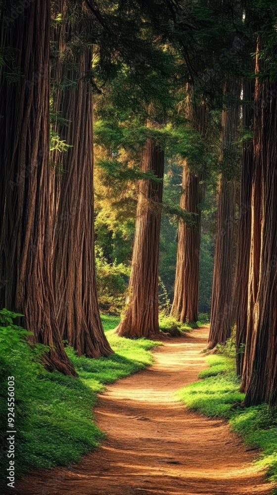 Fototapeta premium A peaceful path meanders through lush greenery and majestic redwoods on a sunny day