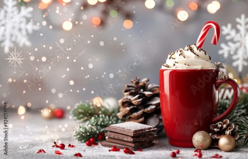 Festive Hot Cocoa With Whipped Cream and Candy Cane in Cozy Winter Setting