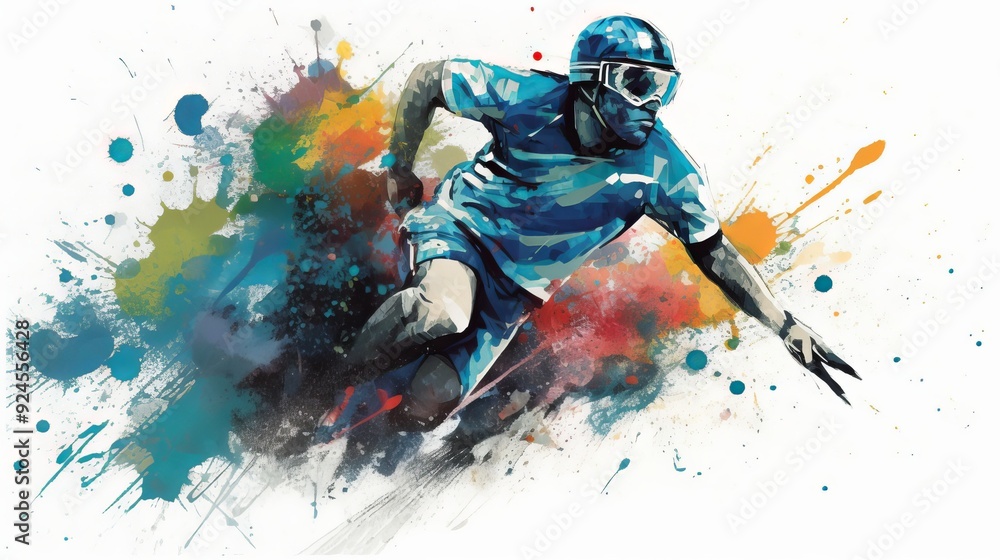 A man in a blue shirt is running through a colorful splash of paint A man in a blue shirt is running through a colorful splash of paint