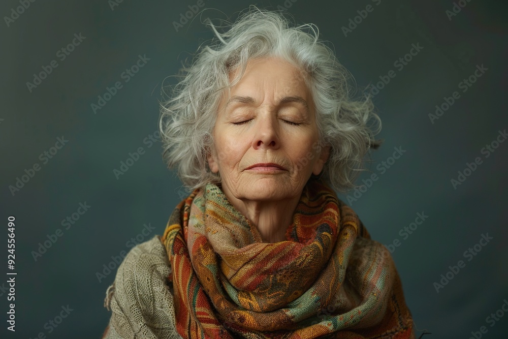 A woman with a scarf wrapped around her head and neck is sitting in a relaxed position. She is in a peaceful and calm state of mind A woman with a scarf wrapped around her head and neck is sitting in a relaxed position. She is in a peaceful and calm state of mind