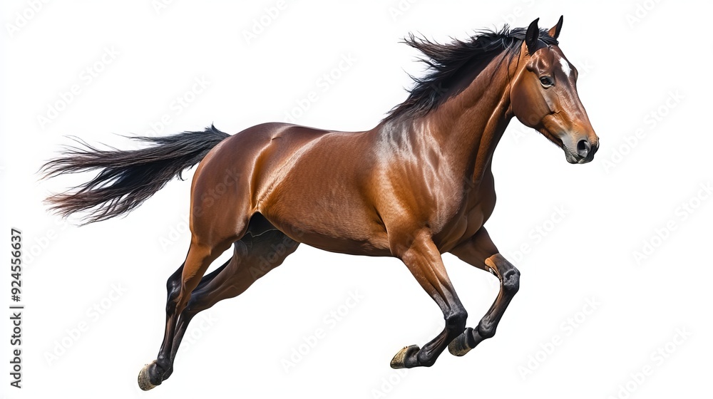 Fototapeta premium Bay stallion galloping, isolated on a white background