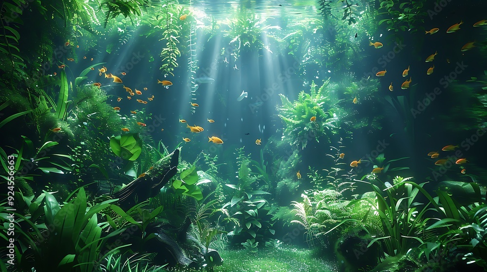 A serene Amazon rainforest aquarium showcasing dense greenery, intricate driftwood, and colorful exotic fish. The gentle, ambient light enhances the lush and tropical underwater setting. A serene Amazon rainforest aquarium showcasing dense greenery, intricate driftwood, and colorful exotic fish. The gentle, ambient light enhances the lush and tropical underwater setting.