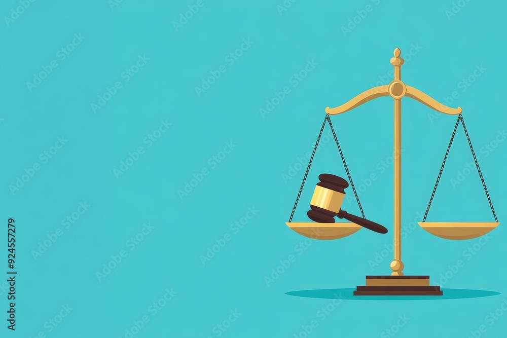Scales of justice with a gavel, law and morality, flat design illustration, copy space for text, Scales of justice with a gavel, law and morality, flat design illustration, copy space for text,