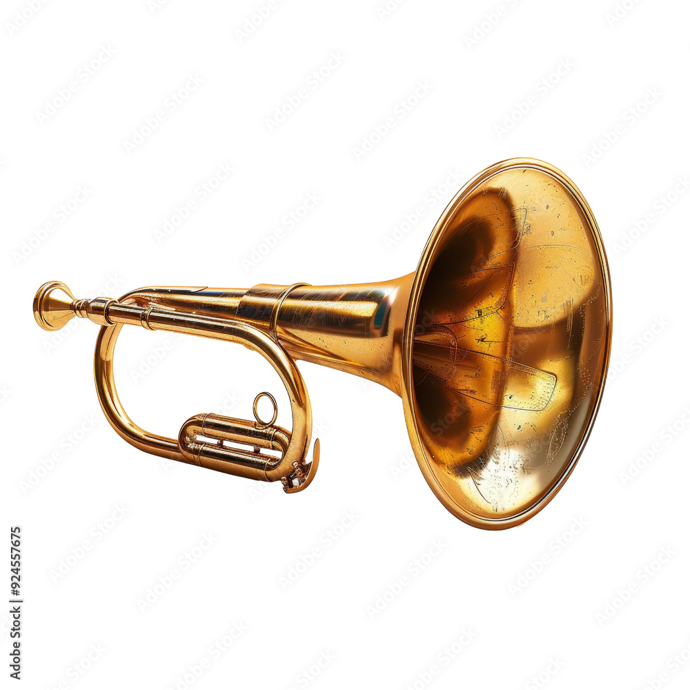 Obraz premium A shiny brass trumpet showcasing its elegant design, isolated on white background, transparent background