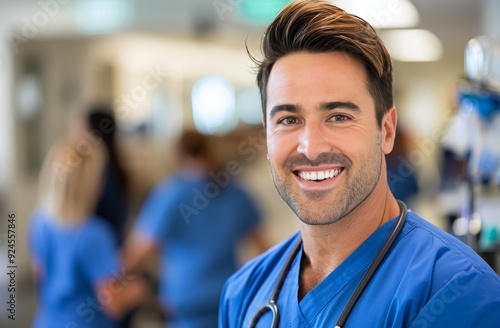 Smiling Male Nurse in Scrubs at Hospital Hallway During Daytime