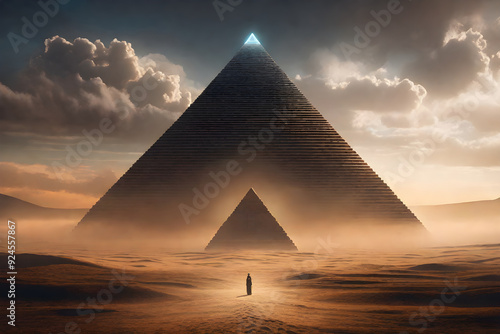 Cinematic and Dramatic a Towering Pyramid in a fantasy desert landscape, with a glowing apex and dramatic skies. A man standing against the Pyramid rises from the desert