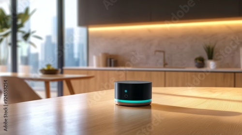 Wallpaper Mural Concept of a smart home security system with iot device protection. The smart speaker stands on the kitchen wooden countertop Torontodigital.ca