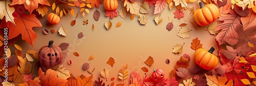 A banner designed to look like 3D paper cutouts, with layered elements of turkeys, leaves, and pumpkins, giving a sense of depth and creativity photo