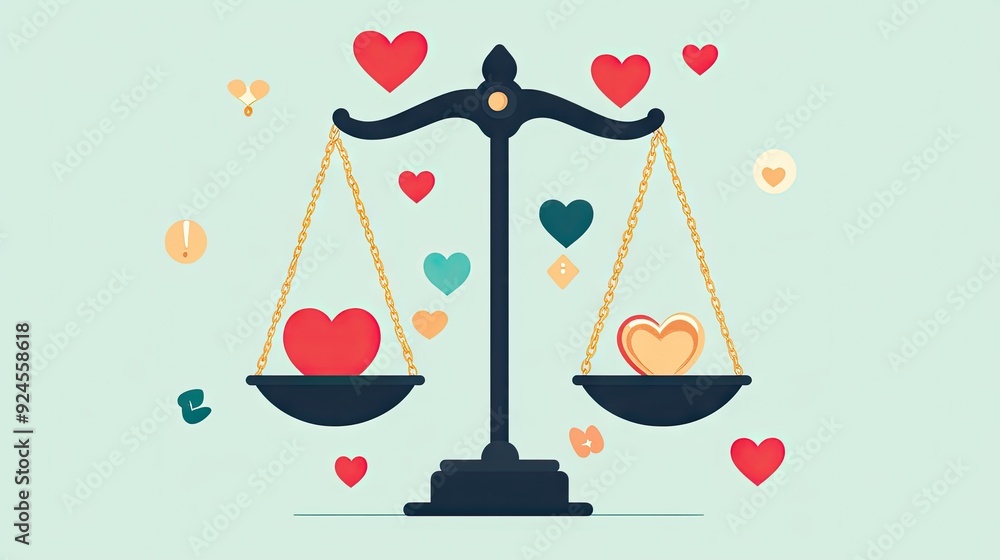 A flat design illustration of the scales of justice holding balanced symbols of love and morality. A flat design illustration of the scales of justice holding balanced symbols of love and morality.
