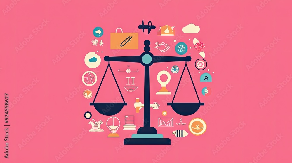A flat design showing the scales of justice balanced with symbols of equality and morality. A flat design showing the scales of justice balanced with symbols of equality and morality.