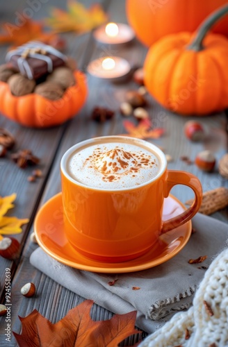 Cozy Autumn Coffee With Pumpkin Decor and Treats on a Wooden Table