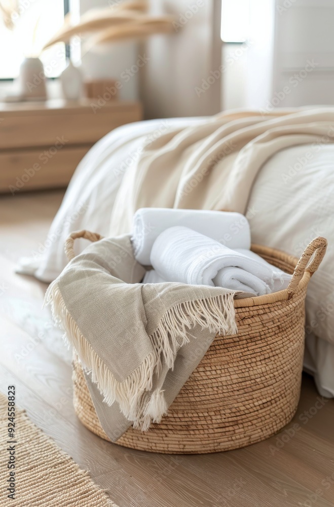 Cozy Living Space With Neatly Folded Towels in Natural Basket Cozy Living Space With Neatly Folded Towels in Natural Basket