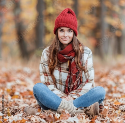 Young Woman Sitting in Colorful Autumn Leaves Wearing Cozy Sweater and Beanie
