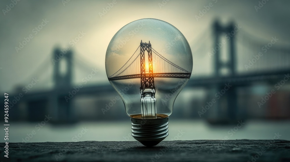 A light bulb with a bridge inside, symbolizing the concept of connecting bright ideas. A light bulb with a bridge inside, symbolizing the concept of connecting bright ideas.