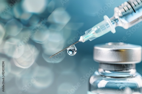 Close-Up of Vaccine Vial With Needle Preparing for Injection in Modern Clinic...