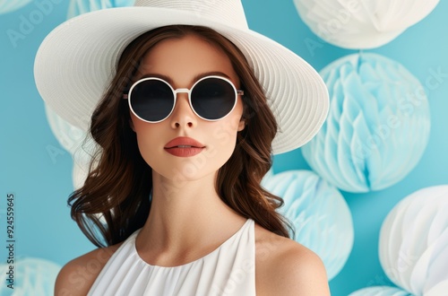 Fashion Model Wearing White Hat and Sunglasses Against Light Blue Background