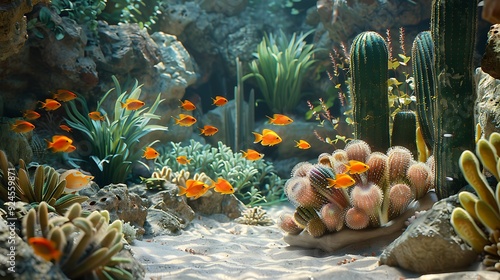 A tranquil desert oasis aquarium featuring a sandy bottom, scattered cacti, and colorful desert fish. The scene is illuminated by gentle, natural light, enhancing the serene atmosphere.