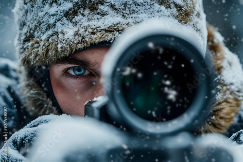 Scharfschütze im Winter blickt durch das Zielfernrohr seines Gewehrs, erstellt mit generativer KIÍ photo